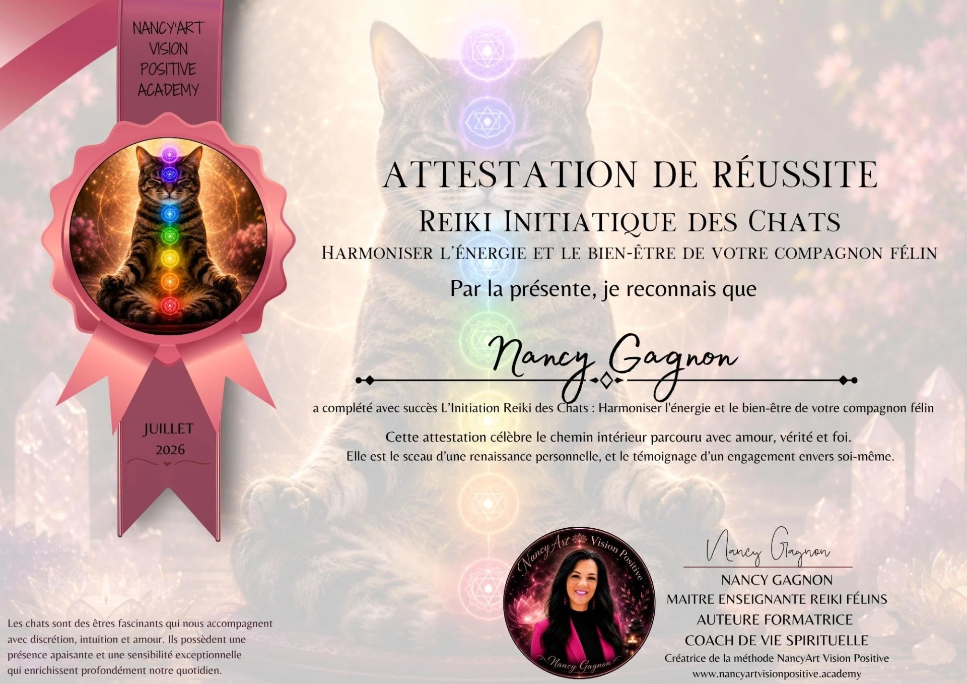 Attestation de reussite reiki initiatique des chats par nancy gagnon